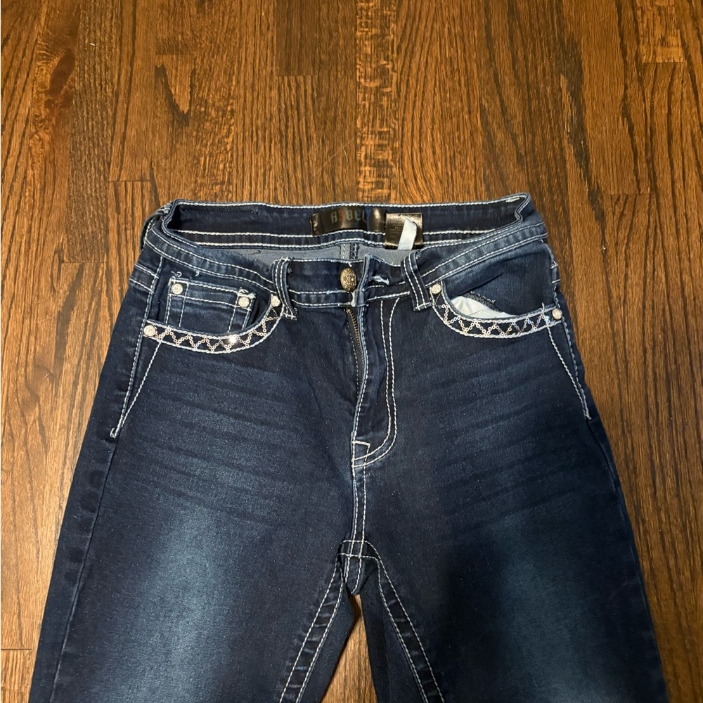 rebels Dark Blue Flare Jeans with Contrast Stitching - Picture 2 of 6
